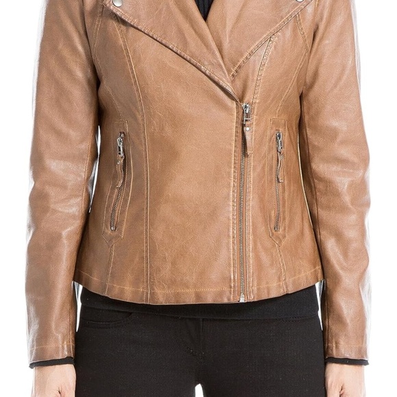Max Studio Tan Leather Moto Jacket Fitted Silhouette - Picture 2 of 16